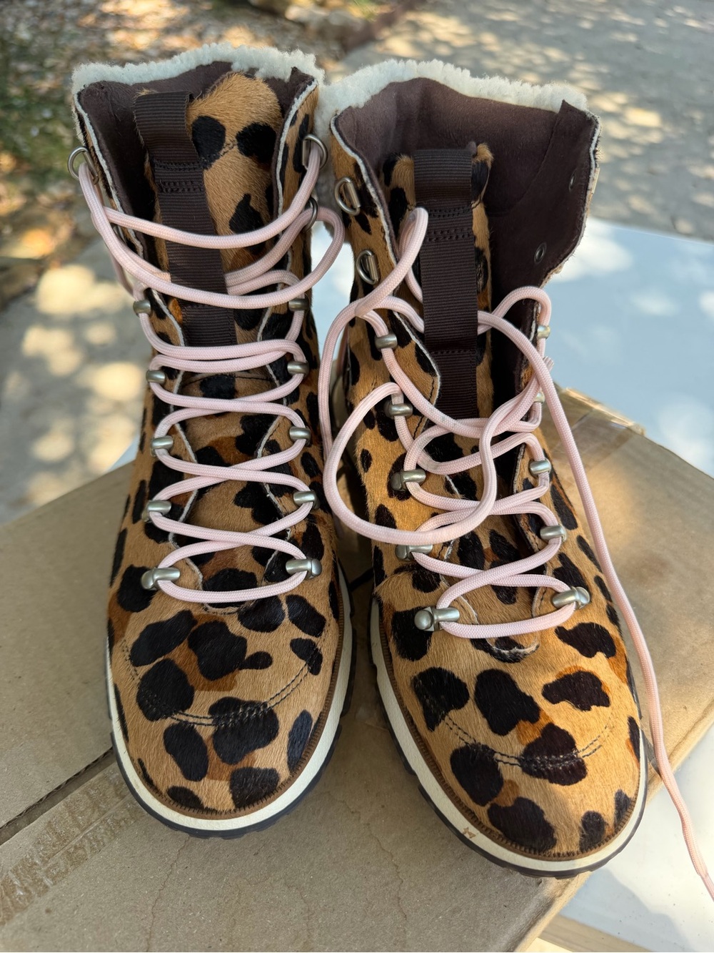 Cole Haan Zerogrand Leopard Print Faux-Hair Lace-Up Hiker Boots Size 8